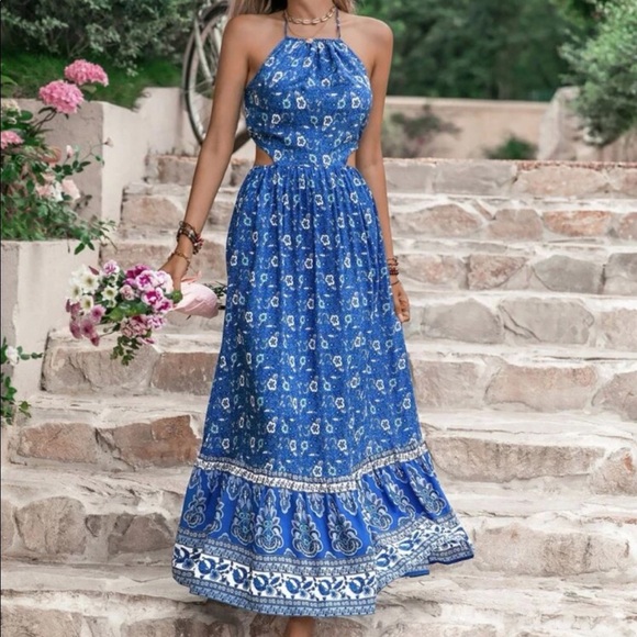 Boho Floral Paisley Print Cutout Halter Maxi Dress GREEN - Picture 9 of 13